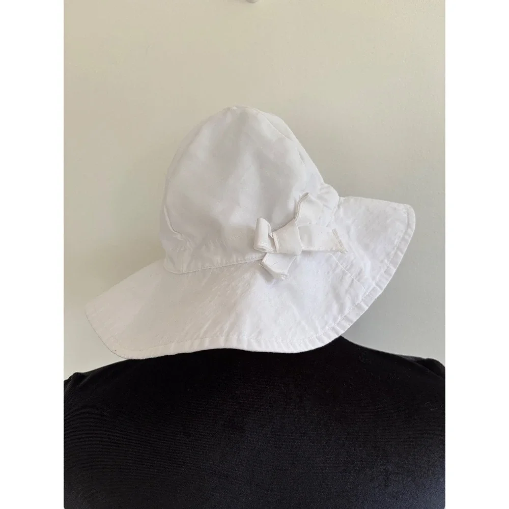 Kids White Sun Hat Wide Brim Adjustable Chin Strap‎ Bow Detail Size 52